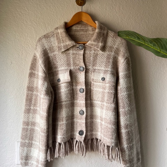 Plaid Fringe Button Down Women's Jacket - Picture 2 of 4